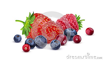 Pile of different wild berries isolated on white background with clipping path. Various type of berry fruits, collection Stock Photo