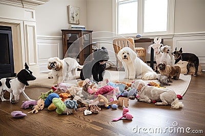 pile of dog toys in living room, with many dogs playing and running around Stock Photo