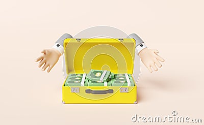 Pile dollar banknote in yellow suitcase with cartoon character businessman hands isolated on cream color background,investment or Cartoon Illustration