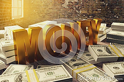 Pile of dollar money with golden money letters Stock Photo