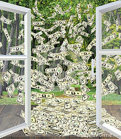 Pile of dollars flying away from window overlooking park Stock Photo