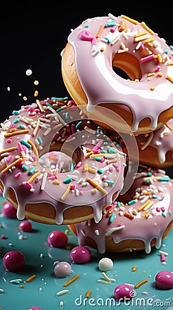 A pile of donuts with sprinkles on a blue plate Stock Photo