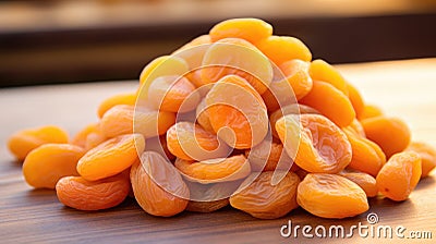 A pile of dried apricots lies on a wooden table Stock Photo