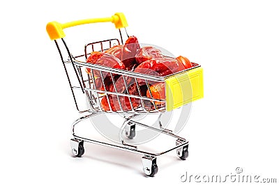 Pile of dried dates in the sepermarket trolley. Healthy organic tasty dates in shopping cart Stock Photo