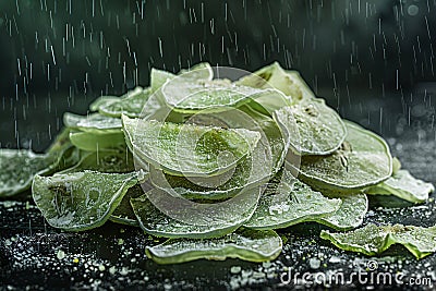 A pile of dried green sweet melon slices on a dark background Stock Photo