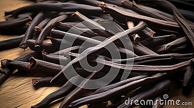pile of dried vanilla pods Stock Photo