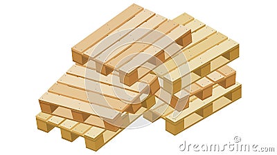 Pile of dropped isometric pallets for packaging and transportation isolated on white Vector Illustration