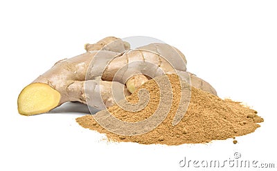 Pile of dry finely ground ginger powder with fresh ginger rhizome root Stock Photo