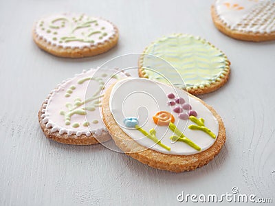 Pile of Easter sugar cookies glazed with royal icing. Stock Photo