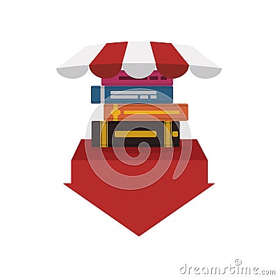 Pile ebooks with arrow download and parasol Vector Illustration