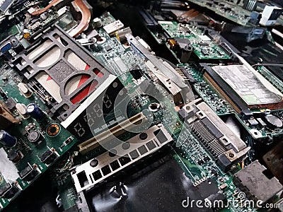 Pile of electronic waste, Motherboard computer and cpu microchips electronic equipment, Printed Circuit Board Stock Photo