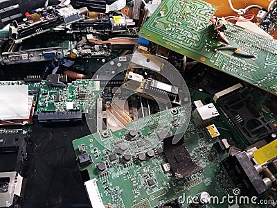Pile of electronic waste, Motherboard computer and cpu microchips electronic equipment, Printed Circuit Board Stock Photo