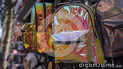 Pile of fashion women handbags in store Stock Photo