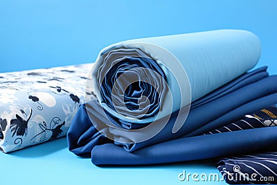 a pile of folded blue fabric next to a folded pillow on a blue background with a blue background and a white and black striped Stock Photo