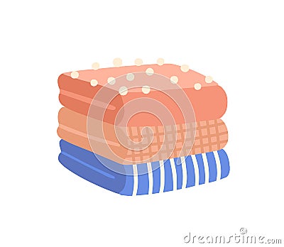 Pile of folded clothes flat vector illustration. Knitted woolen garment. Striped and checkered apparel. Packed outfit Vector Illustration