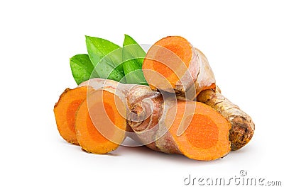 A pile of fresh turmeric with leaf Stock Photo