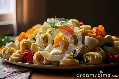a pile of fresh, uncooked tortellini on a plate Stock Photo