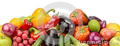 Pile fresh vegetables and fruits isolated on white background. Stock Photo