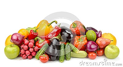 Pile fresh vegetables and fruits isolated on white background. Stock Photo