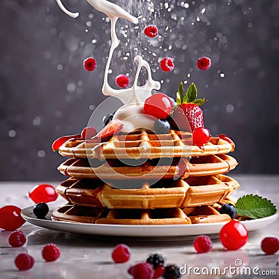 Pile of fresh waffles, sweet breakfast food with syrup and fruits Stock Photo