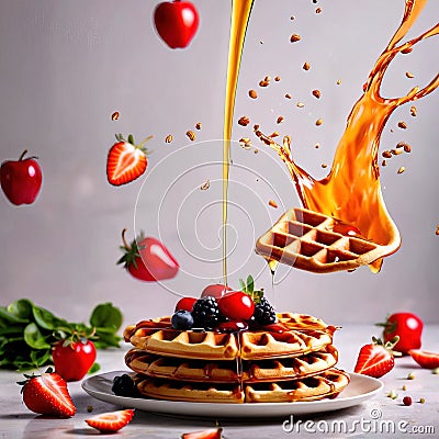 Pile of fresh waffles, sweet breakfast food with syrup and fruits Stock Photo