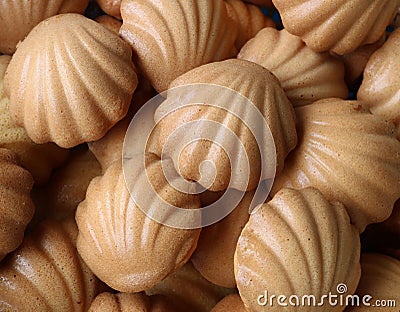 Pile of Freshly Baked Small French Madeleine Cakes Stock Photo