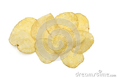 pile fried potato chips isolated white background Stock Photo