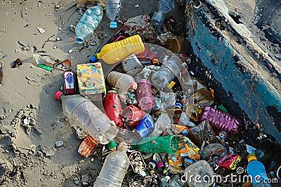 pile of garbage on the beach - Environment pollution Stock Photo