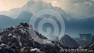 Pile of garbage in the Himalayas, Nepal, Asia, Generative AI illustrations Cartoon Illustration