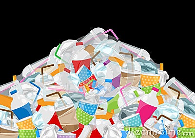 Pile garbage waste plastic and paper in mountain shape isolated on black background, bottles plastic garbage waste many, stack Vector Illustration
