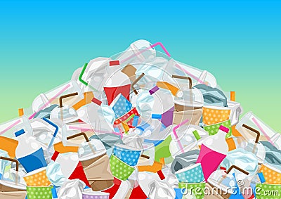 Pile garbage waste plastic and paper in mountain shape isolated on blue background, bottles plastic garbage waste many, stack Vector Illustration