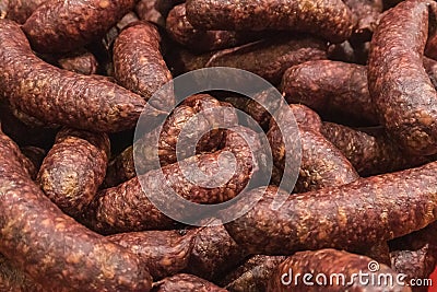 Pile of German sausages Stock Photo