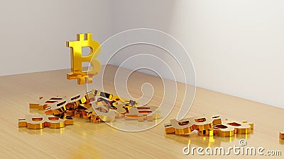 Pile of golden bitcoin signs on a table. Cryptocurrency investment concept. Digital 3D render Stock Photo