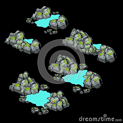 Pile of gray stones and brook, five items Vector Illustration