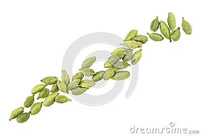 Pile of green cardamom seeds isolated on white background. Dried cardamom seeds Stock Photo