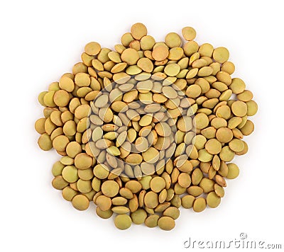 Pile of green lentil isolated on white background. Top view Stock Photo