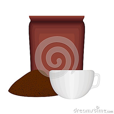 Pile ground coffee with a bag and cup Vector Illustration