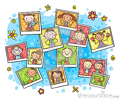 A pile of happy doodle kids photos, vector cartoon illustration Vector Illustration