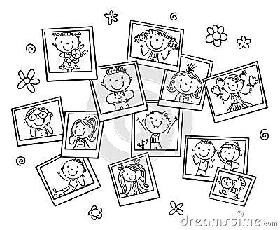 A pile of happy doodle kids photos, vector cartoon illustration Vector Illustration