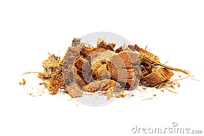 Pile heap dried coconut peel or coconut spathe isolated on white background. Stock Photo