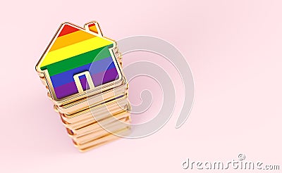 Pile of homes colored with rainbow flag as growing number of gay couples decides to live together. on pastel pink Stock Photo
