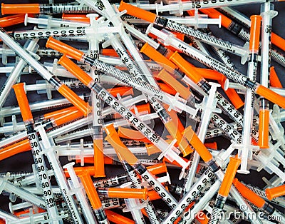 Pile of Insuline syringes for Diabetes Glucose Control Stock Photo