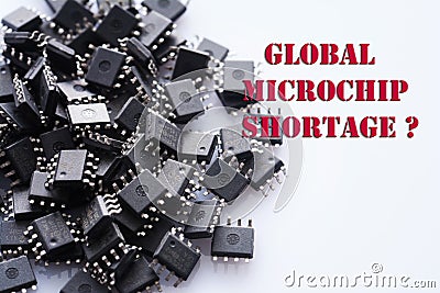 Pile of Integrated circuit chip on white background. Global microchip shortage. Concept for crisis in industry Stock Photo