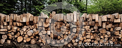 Scots pine and spruce, oak trees. Pile of logs, lumbering industry. generative ai Stock Photo