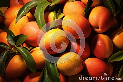 A pile of mangoes with leaves Stock Photo