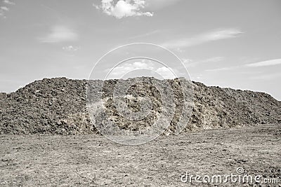 Pile of manure in the countryside with blue cloudy sky. Heap of dung in field on the farm yard with village in background Stock Photo