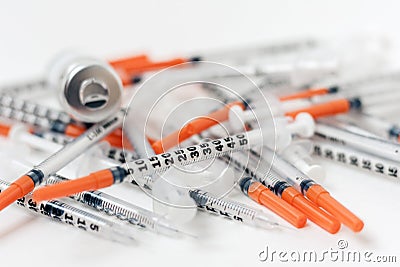 Pile of medical syringes for insulin for diabetes Stock Photo