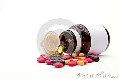 A pile of medicine pill and vitamin capsule. Stock Photo