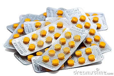 Pile of medicine strips with manufactiring date and expiry date Stock Photo