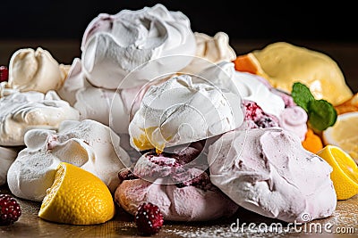 pile of meringues, dusted with confectioners' sugar and flavored with fruit Stock Photo